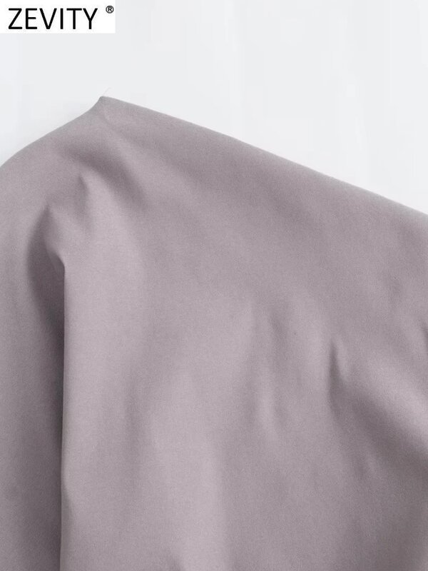 Zevity เสื้อไหล่เส้นเดียวแฟชั่นอัดพลีทแขนยาวสำหรับผู้หญิงใหม่เสื้อเข้ารูปไม่สมมาตรเสื้อ LS5707