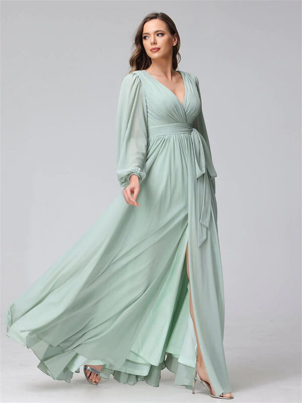 Elegancka szyfonowe suknie dla druhen z dekoltem w serek Plus Size z paskiem ślubnym wysokie rozcięcie plisowana sukienki na przyjęcie z kieszeniami