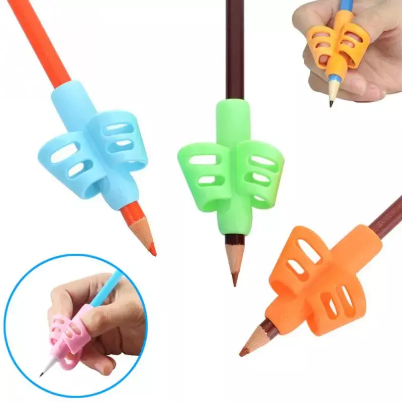 Porte-crayon ergonomique à deux doigts pour enfants, outils d'aide à l'écriture, poignée en silicone non cubique, entraînement doux, ration de posture, ensemble de 3 pièces
