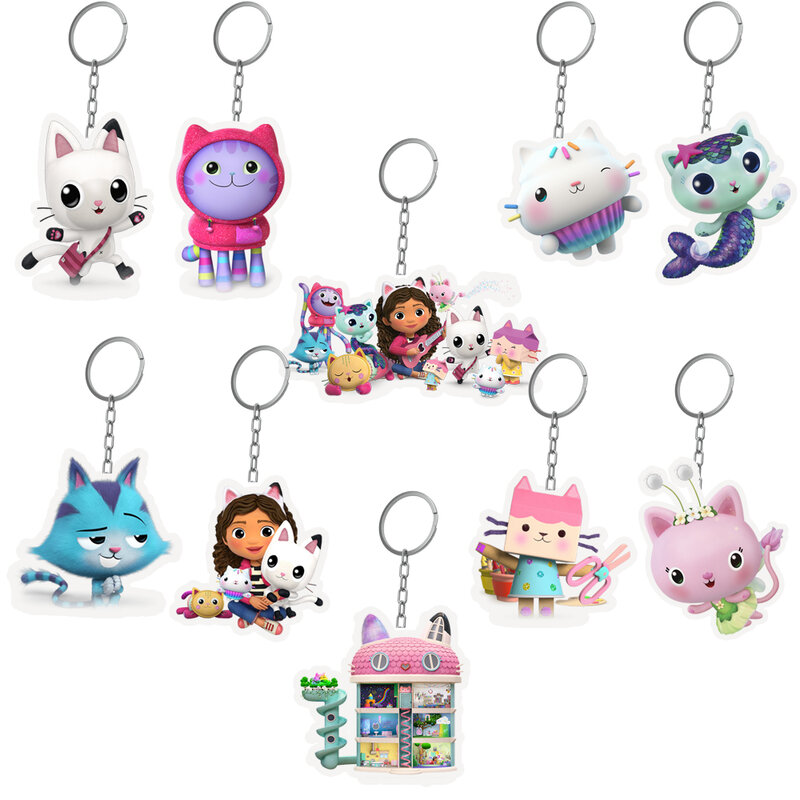 Gabby Races House Cat Keychains for Kids, Birthday Party Supplies, Gift Bag Filler Stuffer, School Carnival Reward, Party Decoration, 10PCs