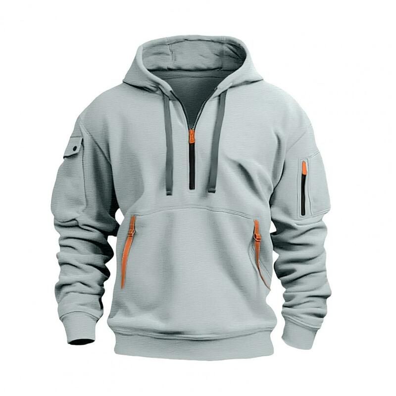 Men Hoodie Daily Hoodie Stylish Men's Hoodie Zippered Drawstring Pullover with Pocket Strap Detail for Warmth Sporty Appeal