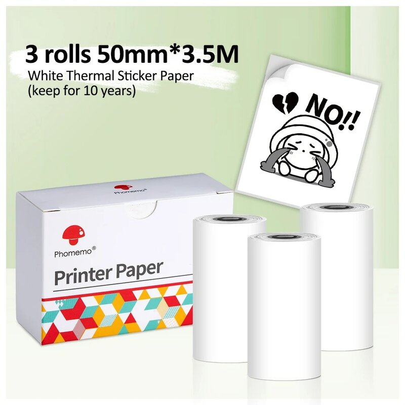 3 rolos de 10 anos branco térmica adesivo auto-adesivo papel de etiqueta 50mm * 3.5m para phomemo m02/m02s/m02pro/m03 impressora protable