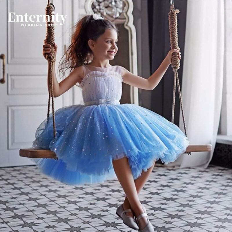 Princesse Enfant kokardka z cekinami z wycięciem kokardka dziewczęca sukienka w kwiaty balowa suknia bez rękawów do kolan piękne Vestidos Para Niñas