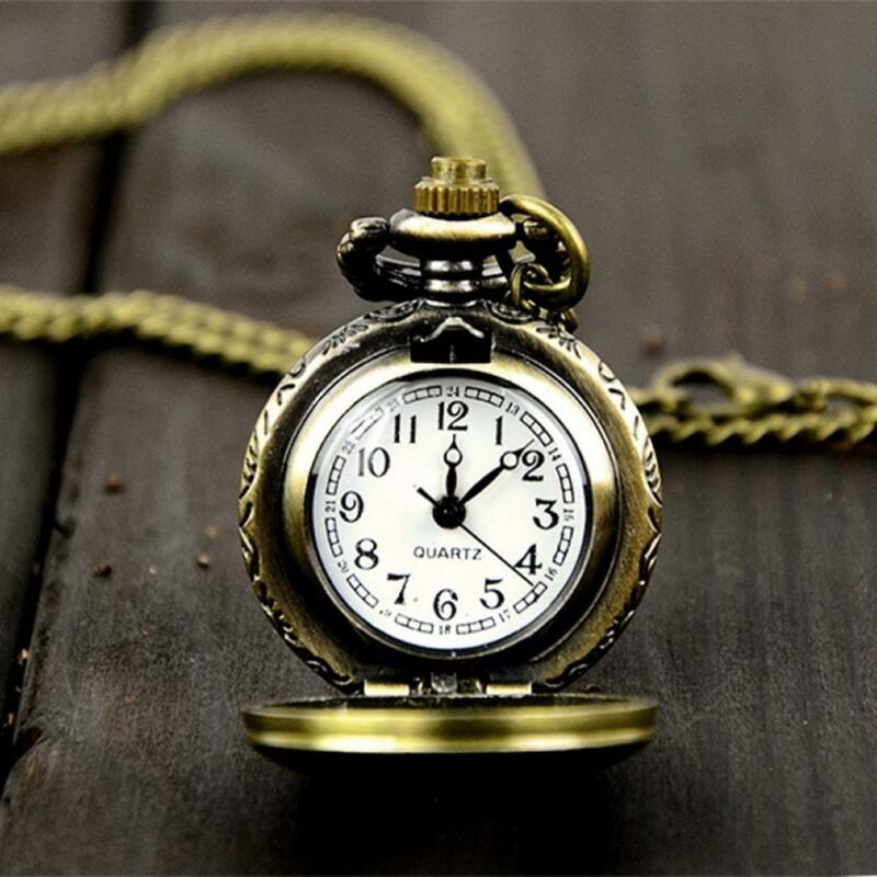 Jam tangan saku jam rantai liontin ukir kalung Quartz Steampunk tembaga antik berlubang jam tangan Fob Analog