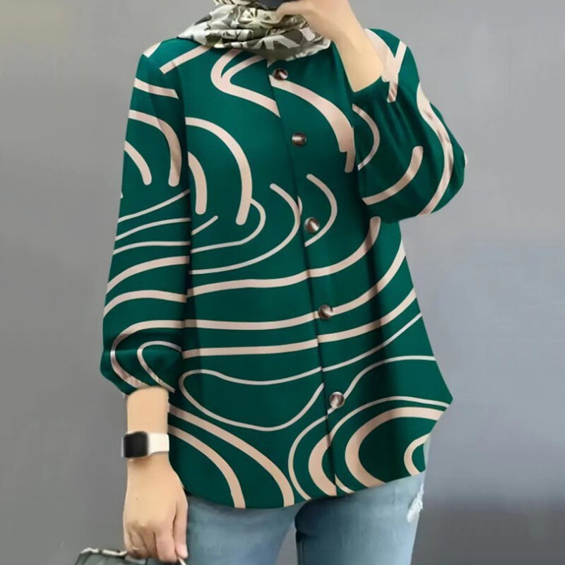 Casualowe topy koszula luźny Top muzułmańska koszula modna kwiecista bluzka w roślinny wzór szata wakacyjne topy długi rękaw