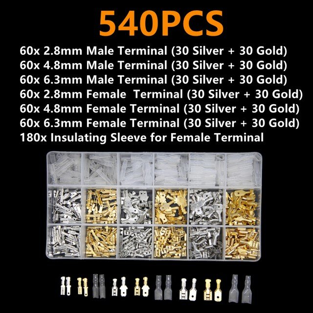 Masculino e Feminino Car Spade Conectores, Terminais de Fios Crimp, Variedade Kit com Mangas Isoladas, 540 Pcs Set, 6.3, 4.8, 2.8mm
