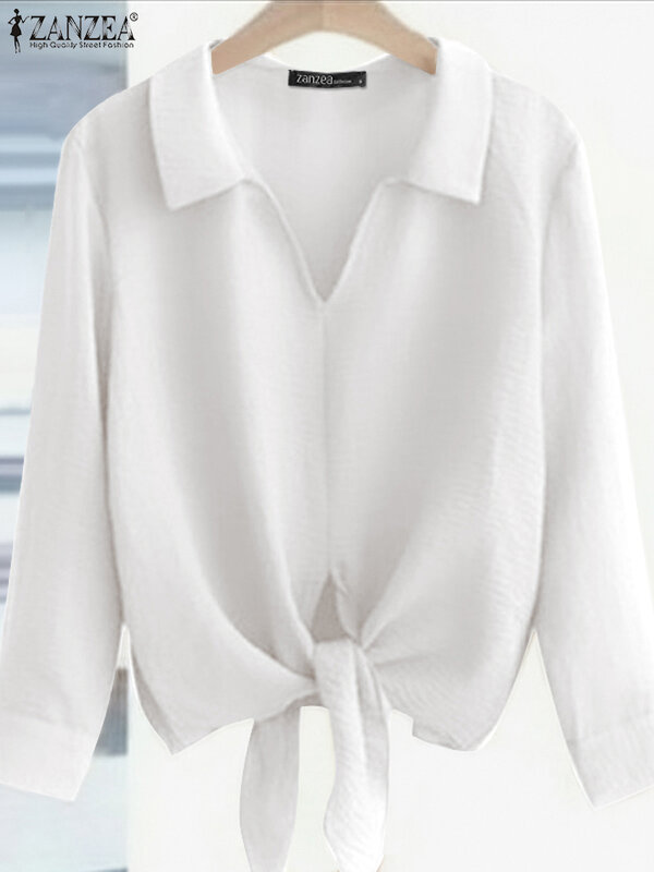 Блузка ZANZEA Женская с длинным рукавом, Офисная модная повседневная Свободная рубашка с V-образным вырезом, Стильная сорочка с завязкой на подоле, однотонная, весна 2024