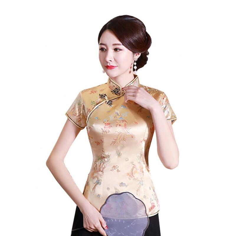 Женская рубашка-Блуза в китайском стиле Ципао с коротким рукавом и вышивкой дракона/Феникса