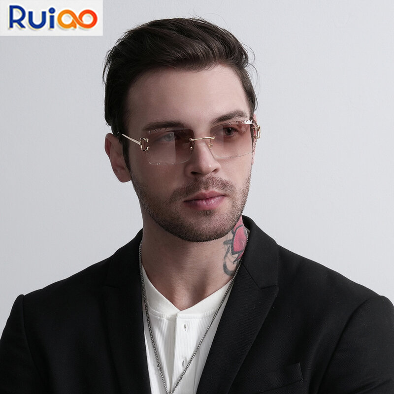 Ruiao kacamata mewah kualitas tinggi tanpa bingkai berlian potong lensa nilon UV400 kacamata mode persegi kaki logam untuk pria wanita