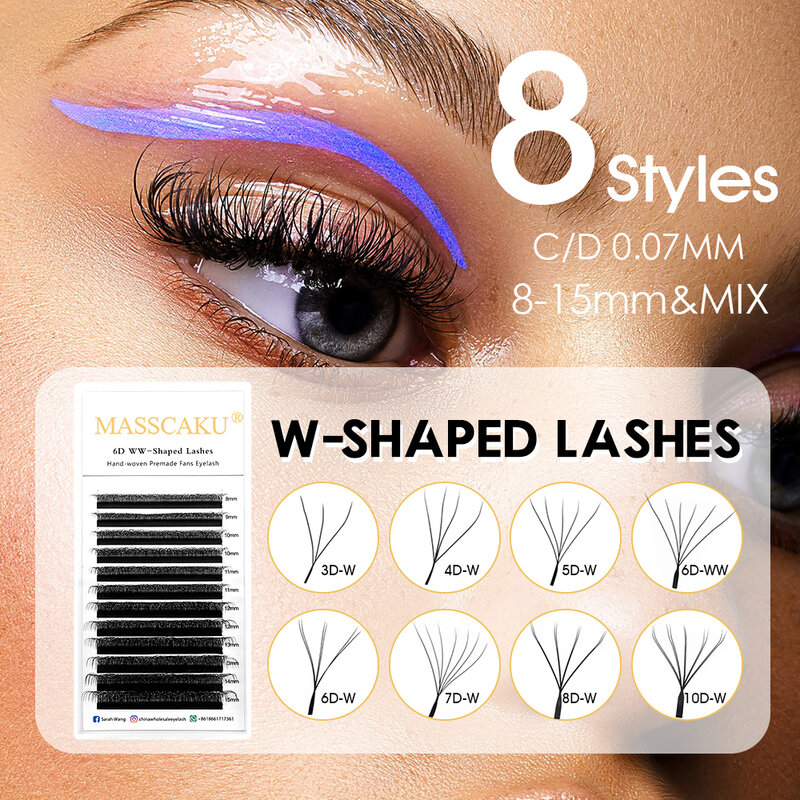 MASSCAKU 12Lines Premium Mink 3D 4D 5D 6D Pre-made False Eyelash W Shape Soft and Natural Individual Lash Extension Supplies