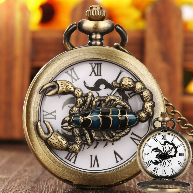 ساعة جيب نصف صياد برونزية للرجال والنساء ، أرقام رومانية ، تناظرية ، كوارتز ، مجوفة ، تصميم عقرب ، سترة ، سلسلة فوب ، هدية