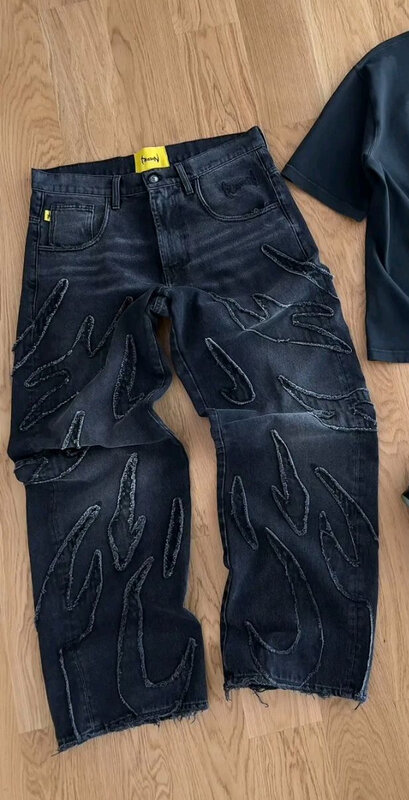 Женские рваные джинсы с высокой талией Y2k, черные мешковатые джинсы с вышивкой в стиле ретро, рваные джинсы в стиле хип-хоп, Харадзюку