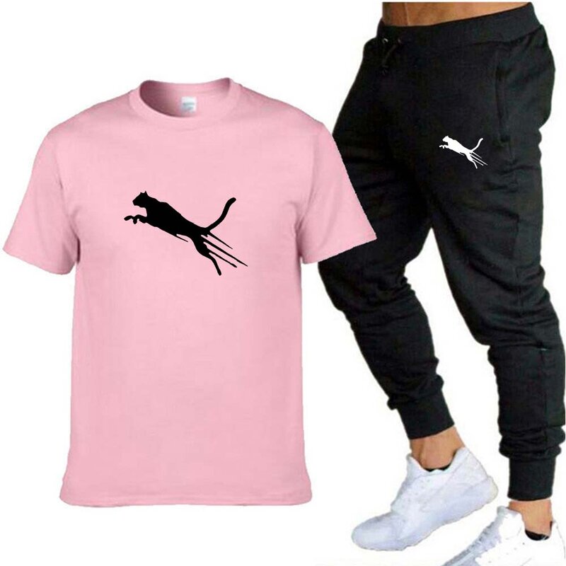 Conjunto de camiseta de manga curta e moletom masculino 100% algodão, camiseta casual, roupa esportiva masculina, moda verão