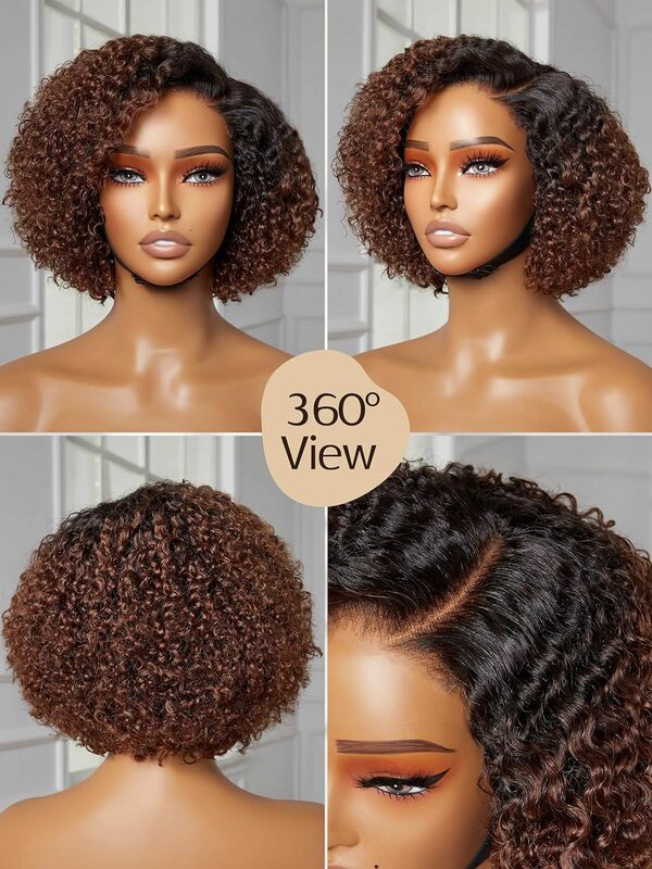 Kinky Curly Wig for Women, Brown Bob Wig, Brown Side Parted, Short Curly Wigs, 8"