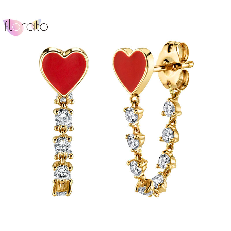 925 Sterling Silver Needle Red Enamel Heart Chain Earrings for Women Luxury Crystal Tassel Stud Earrings High Jewelry Wedding