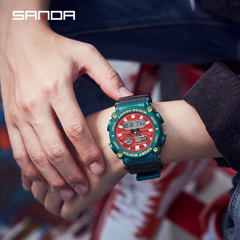 Fashion Sanda Top Brand Men's Outdoor Sports Watches Dual Display Quartz Electronic 50m Waterproof Led Digital Reloj De Hombre