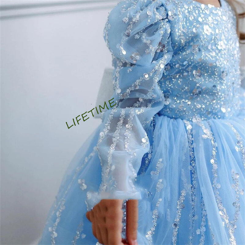 Błękitny kwiat z sukienki dla dziewczynek 2023 z cekinami Tutu na cały rękaw suknie komunia dziewczęce suknie na przyjęcia weselne платье женское