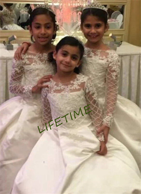 White Lace Applique Long Sleeve Satin Flower Girl Dresses For Wedding Special Occasion Dress Girls First Communion Dresses