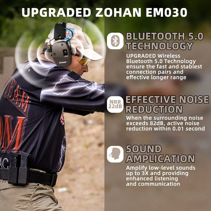 ZOHAN-Protège-oreilles de tir électroniques Bluetooth, protection auditive, anti-bruit, amplification du son, plage de prise de vue d'overdose, 5.0