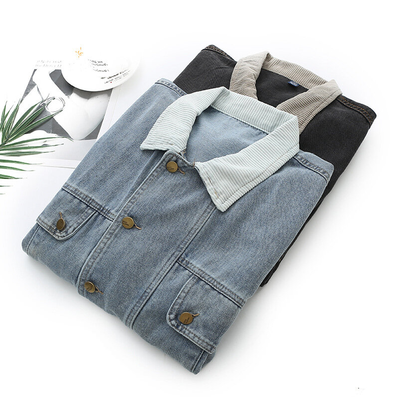 Женская джинсовая куртка, осенняя повседневная одежда, модная Джинсовая Верхняя одежда блочного цвета, куртки с загнутыми рукавами, T73 H16