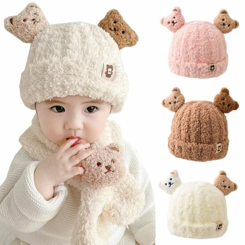 Desenhos animados do bebê urso orelha proteção chapéu e cachecol conjunto, Cachecóis de pelúcia grossa infantil, manter gorro quente, moda, inverno