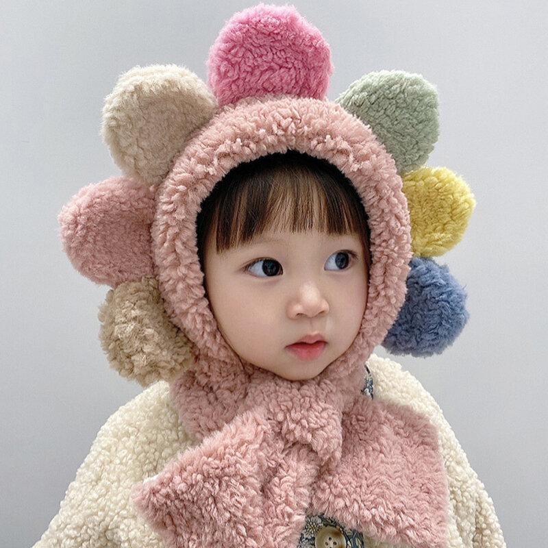 겨울 어린이 귀 보호 플러시 목 따뜻한 모자, 따뜻한 아기 꽃 레이스 업 스카프, 부드럽고 두꺼운 방풍 풀오버 캡