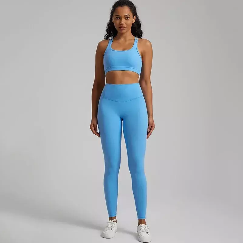 Lemon Gym Fitness Yoga Set Legging Back Cross Sport Bra Top 2pc Suit Comprehensive Training Jog Womencutout Tie Round Neck