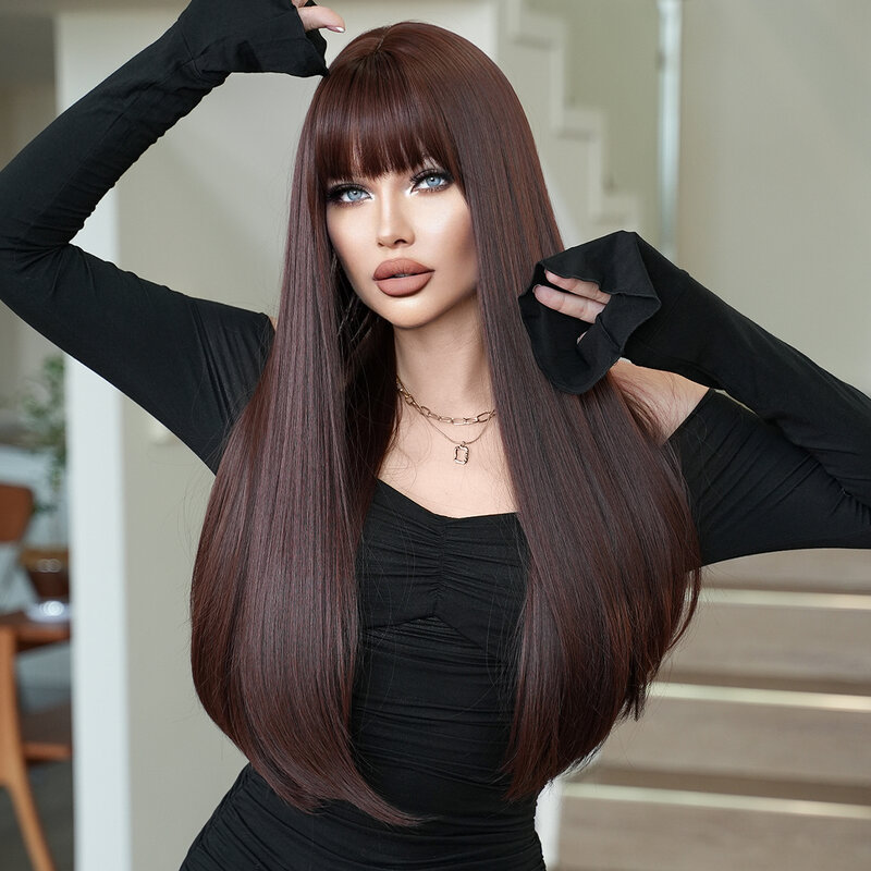 Wig rambut sintetis 7JHH untuk wanita, Wig lurus panjang warna cokelat kemerahan, Wig pesta sehari-hari penggunaan rambut sintetis tahan panas dengan poni