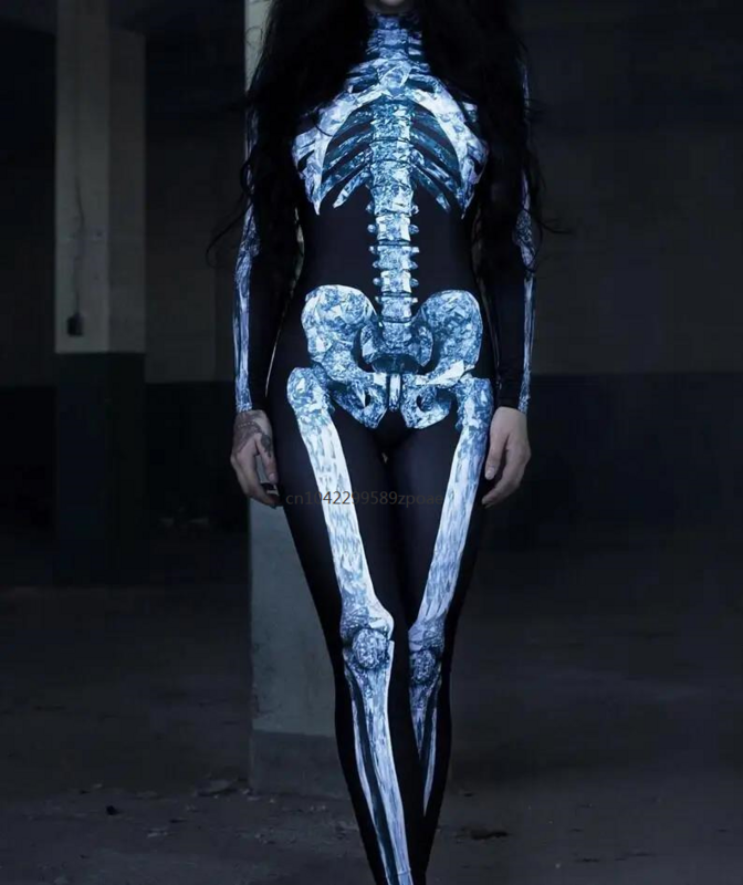 Women Horror Skeleton Jumpsuit Darkness Skull Performance Zentai Suit Cosplay Costume Xmas New Year Party Shows Bodysuit 2024