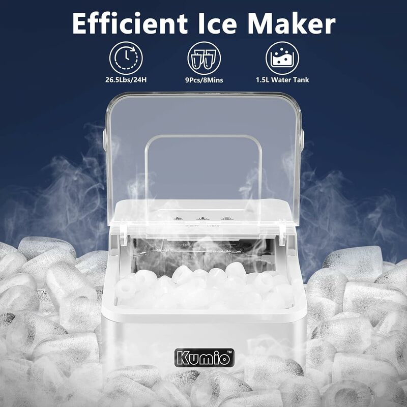 KUMIO Countertop Ice Maker 9 Bullet Ready in 6-8 Mins 26.5lbs/24hrs, Self-Cleaning Portable Quiet Machine with Ice Scoop