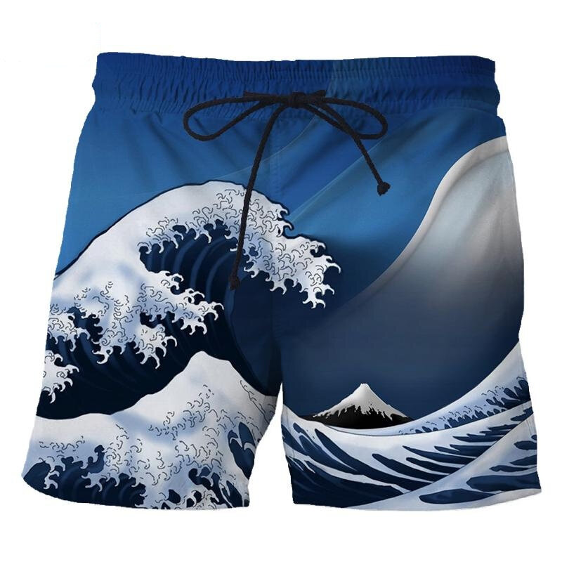 Calções de praia de secagem rápida para homens, ondas marinhas impressas em 3D, calças curtas para esportes ao ar livre, roupas para meninos, estilo japonês