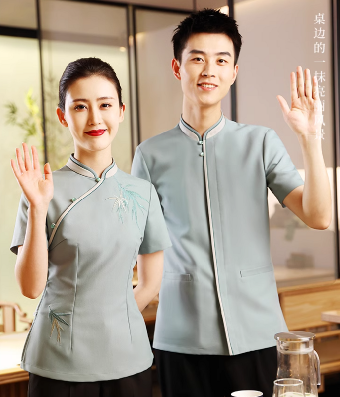 ชุดสูทแขนสั้นสำหรับผู้หญิงชุดฤดูร้อนพนักงานจัดเลี้ยงโรงแรมสไตล์จีนใหม่