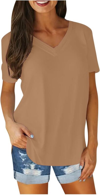 Damen T-Shirts Loose Fit Kurzarm einfarbig T-Shirts lässig Sommer Rundhals ausschnitt Basic Blusen ausgehen Kleidung
