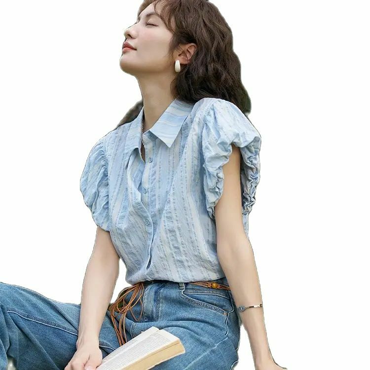 Pakaian wanita musim panas gaya Korea Ruffle Chic blus manis Solid kasual lengan pendek kemeja longgar Y2K Kawaii atasan Blusas