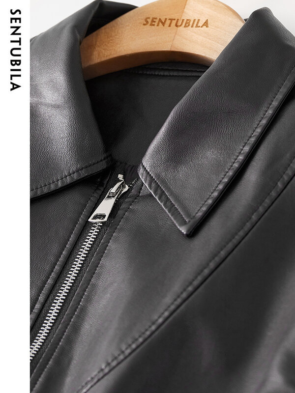 SENTUBILA Black Pu Leather Cropped Jackets Women 2023 Zip Up Lapel Faux Leather Bomber Jacket Autumn Winter Outerwear W33G50291