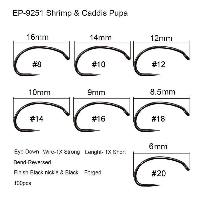 Eupheng 100pcs Fly Fishing Hook Tying Materails Dry Nymph Wet Caddis Fly Hook Highcarbon Steel