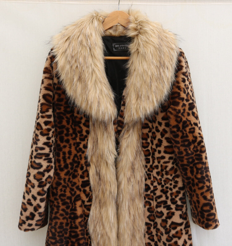 Женское леопардовое меховое пальто, зимний утепленный кардиган с воротником из искусственного лисьего меха, длинная куртка, теплое пушистое пальто, Женское зимнее пальто, 2024