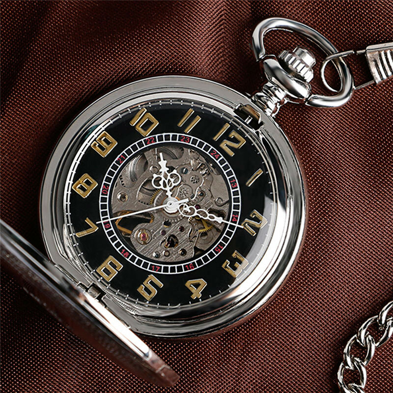 Relógio de bolso mecânico automático para homens e mulheres, escudo de prata, caso completo do caçador, número árabe, relógio retro, presente pendente da corrente