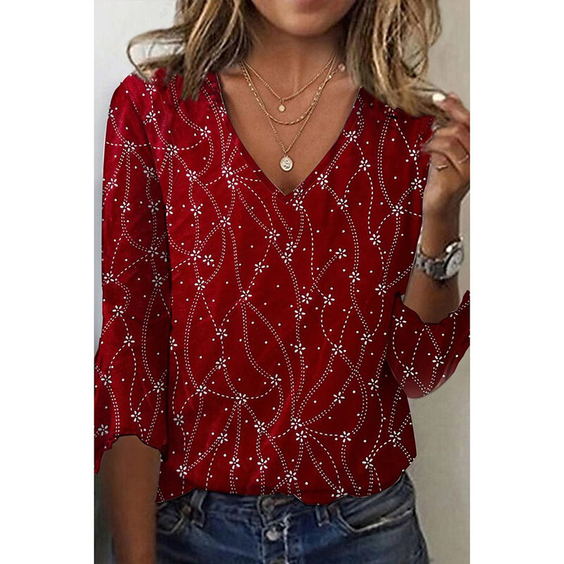 Plus Size Christmas Red Disty Floral Print 3/4 Flare Sleeve Blouse