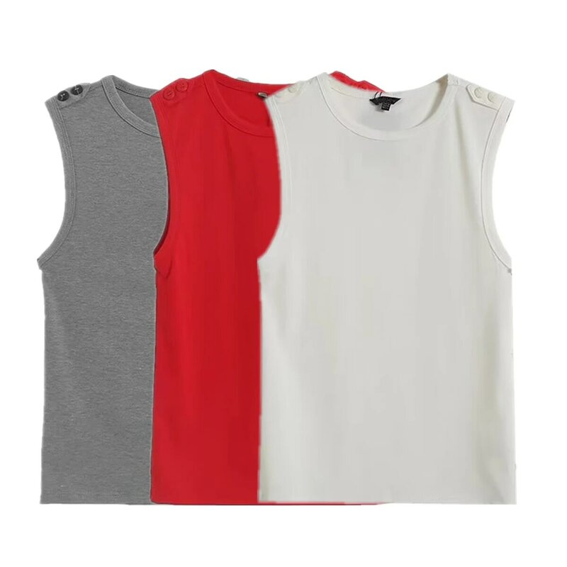 Maxdutti lato na ramieniu jednolite kolorowe koszulki modne guziki skandynawska minimalistyczna podstawowe koszulka Top z okrągłym dekoltem dla kobiet