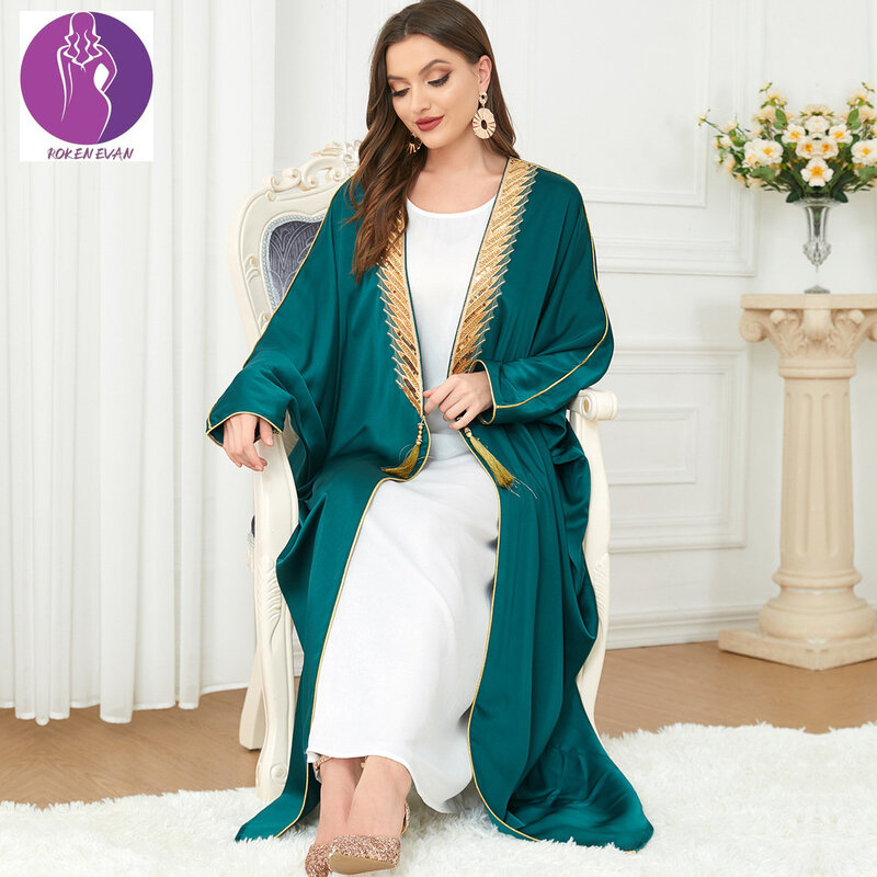 Roken evan 2022 outono muçulmano árabe vestido de ouro fita casaco vestido longo vestido de casamento abaya vestido maxi kaftan