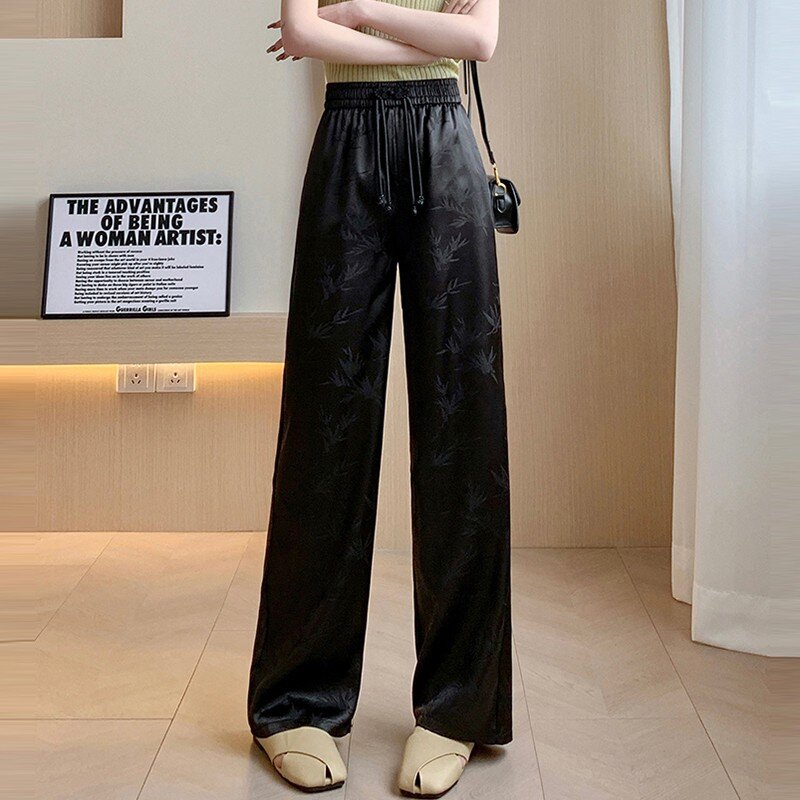 Женские повседневные брюки с широкими штанинами, элегантные весенние брюки в Корейском стиле с винтажным принтом и высокой талией, модель W1736, 2024