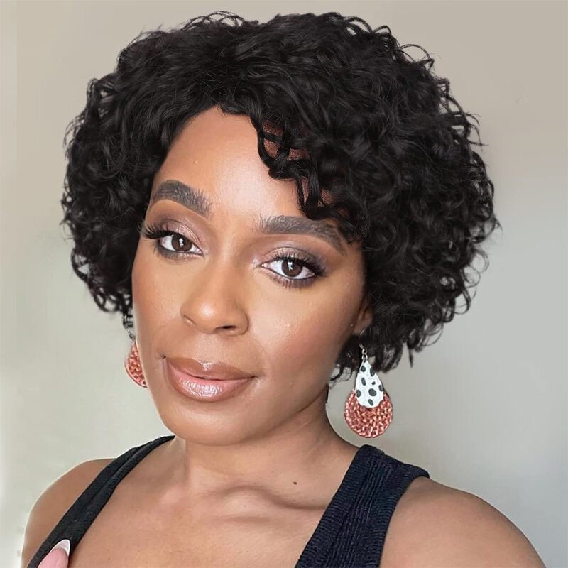 Ready To Go Glueless Short Curly Pixie Cut Human Hair Wigs For Black Women Machine Made Side Part Deep Curly Brazilian Remy Hair
