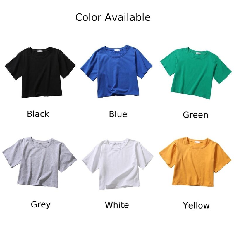 T-shirt curta de colar redondo, top curto, cinza, azul, verde, cor sólida, branco, amarelo, 80% algodão, verão
