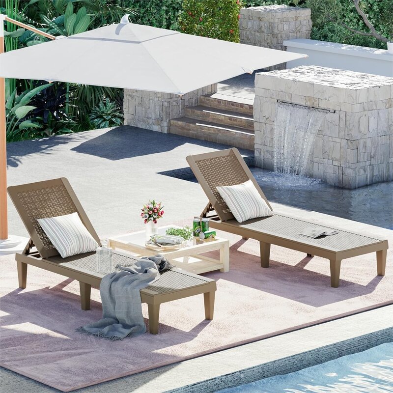 Sillas de salón impermeables para exteriores, Juego de 2 con respaldo ajustable, sillas de playa para sala de estar y piscina, PE de fácil montaje