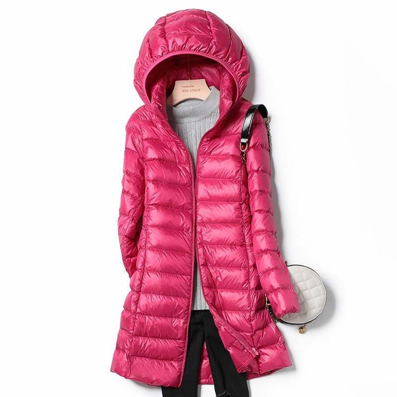 Осенне-зимняя пуховая куртка Женская средней длины легкая Корейская приталенная куртка с капюшоном тонкая легкая Съемная шапочка