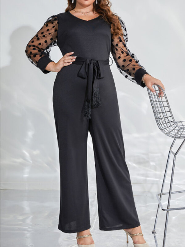 Black Jumpsuits Plus Size 4XL V Neck Long Dot Sleeve High Waist Wide Leg Pants Rompers Overalls for Women Evening Casual Party