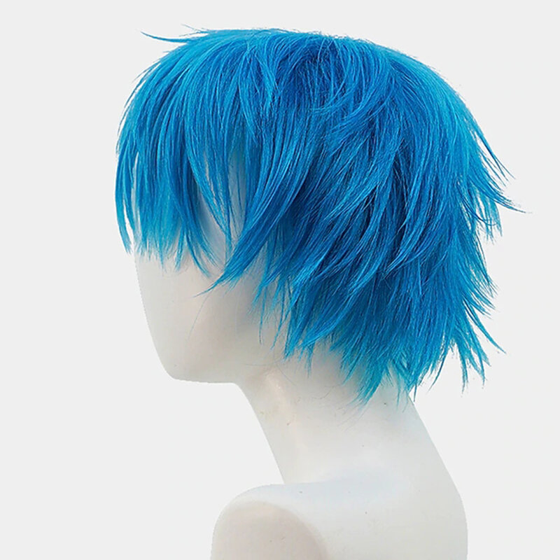 Niebieska krótka syntetyczna peruka z grzywką naturalne fale do odzież na co dzień peruki z włókna imprezowego