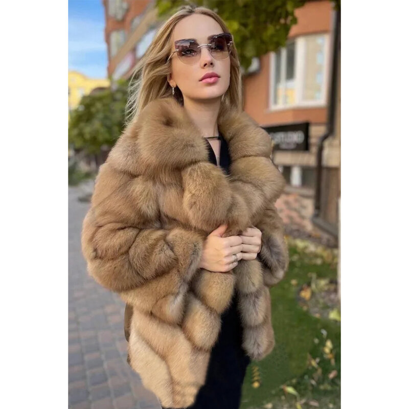 Damska futrzana płaszcz z lisa ciepła kurtka zimowa wysokiej jakości luksusowa kurtka z naturalnego futra lisa kobiet