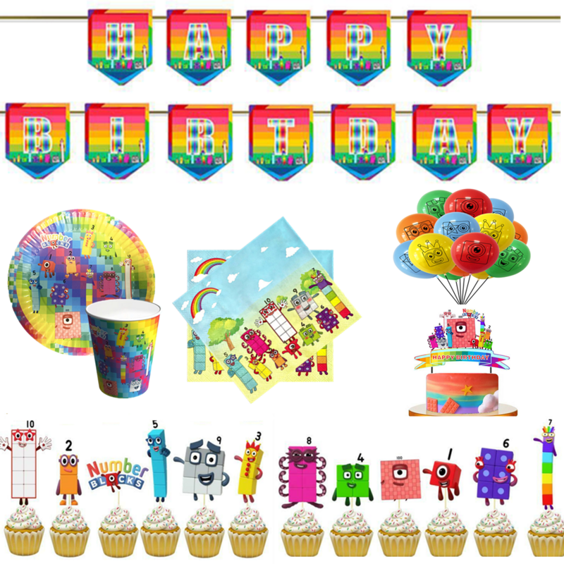 The Numberblocks-Conjunto de decoración para fiestas de cumpleaños, Pancarta, taza, plato, mantel, servilleta, bandera, adorno de pastel, suministros de globos para niños